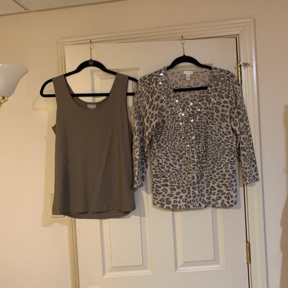 Chico’s Taupe/Tan Leopard Print Sweater/Tank Set sz 1